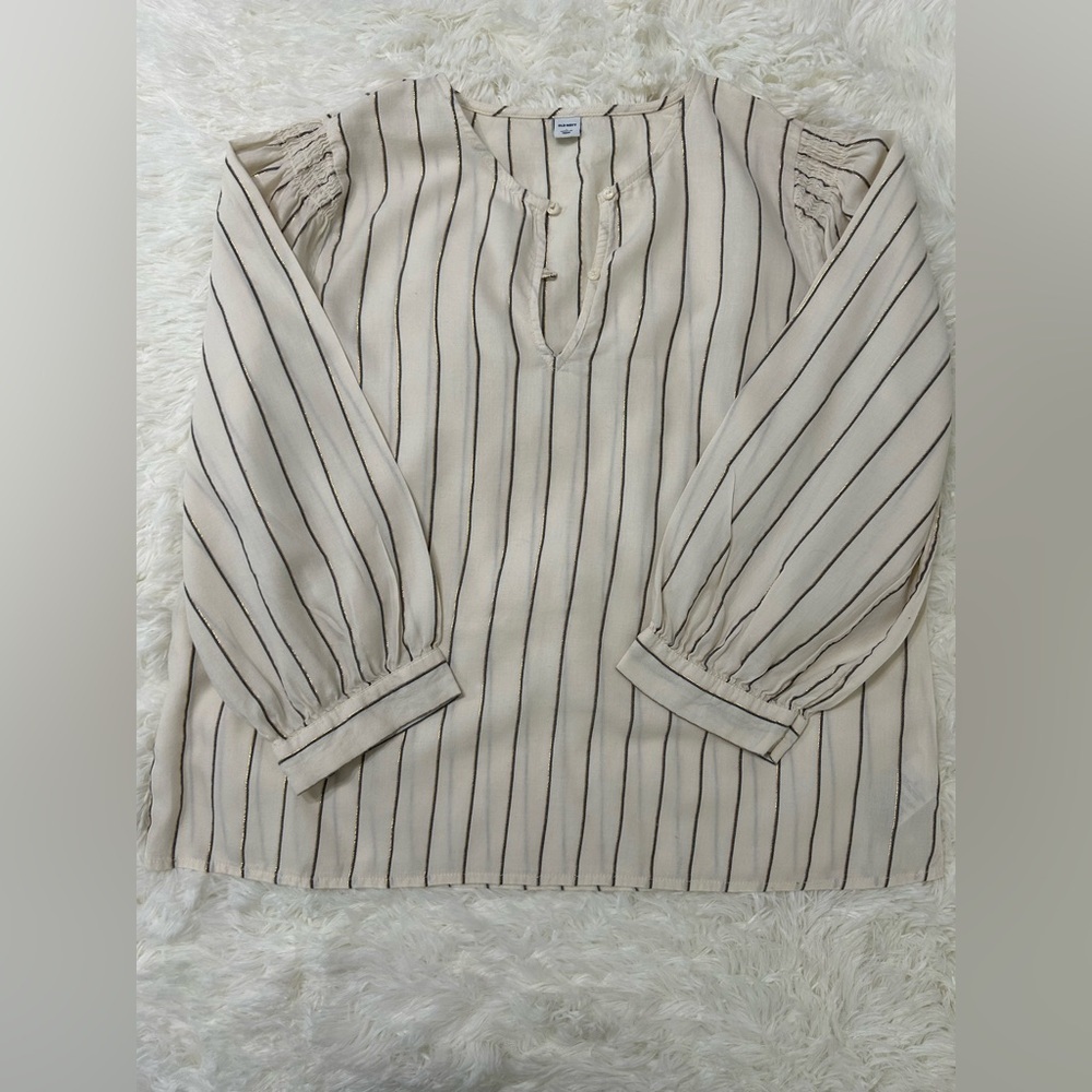 Old Navy Cream Long Sleeve Blouse with Mandarin Collar